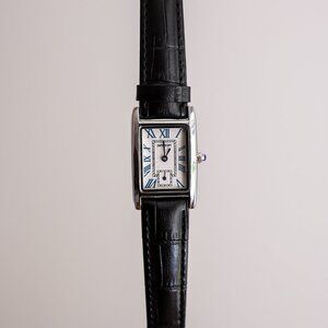 y2k silver rectangle vintage watch w/ black leather strap